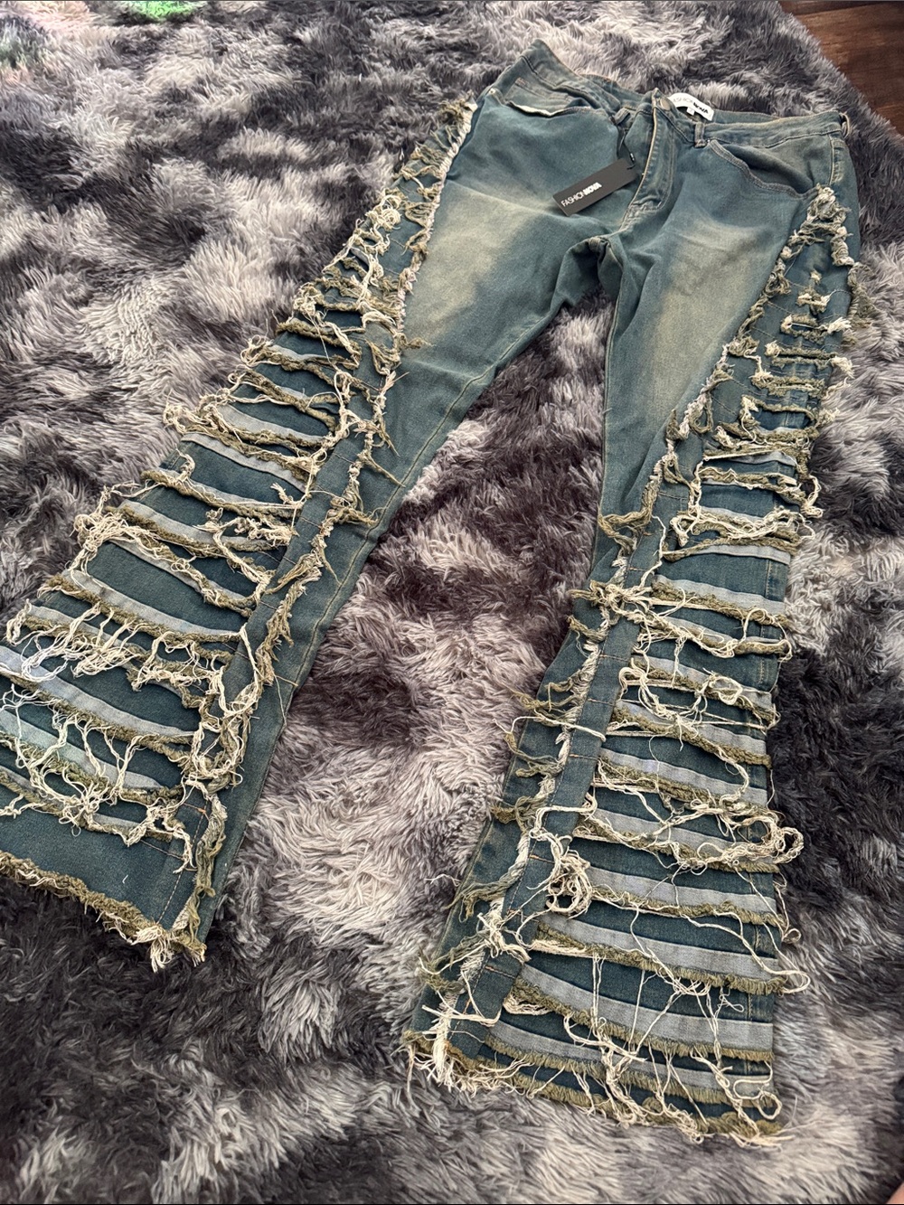 Fashion Nova Washed Teal & Beige Distressed Flare Jeans